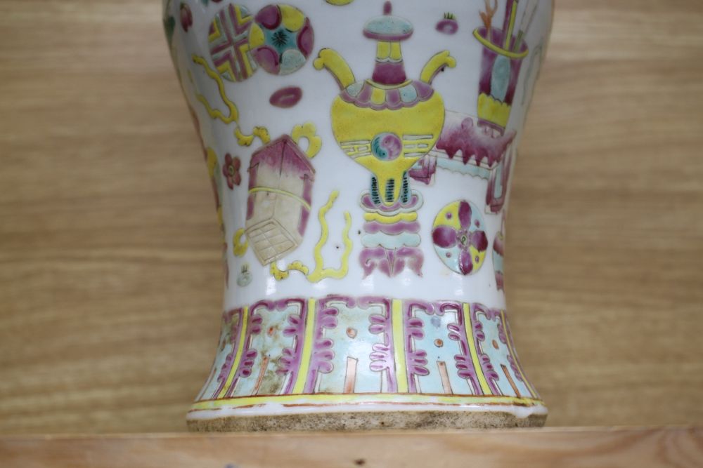 A Chinese famille rose hundred antiques vase, 19th century, H.37.5cm, drilled hole to base